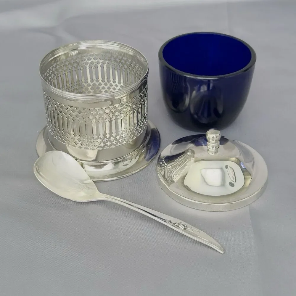 England Silver Plated Condiment Jar Lid Cobalt Blue Glass Insert & Spoon Reticul